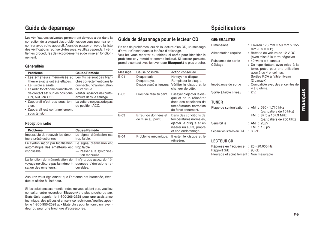 Blaupunkt RPD 540 manual Guide de dépannage Spécifications, Guide de dépannage pour le lecteur CD, Généralités Problème 