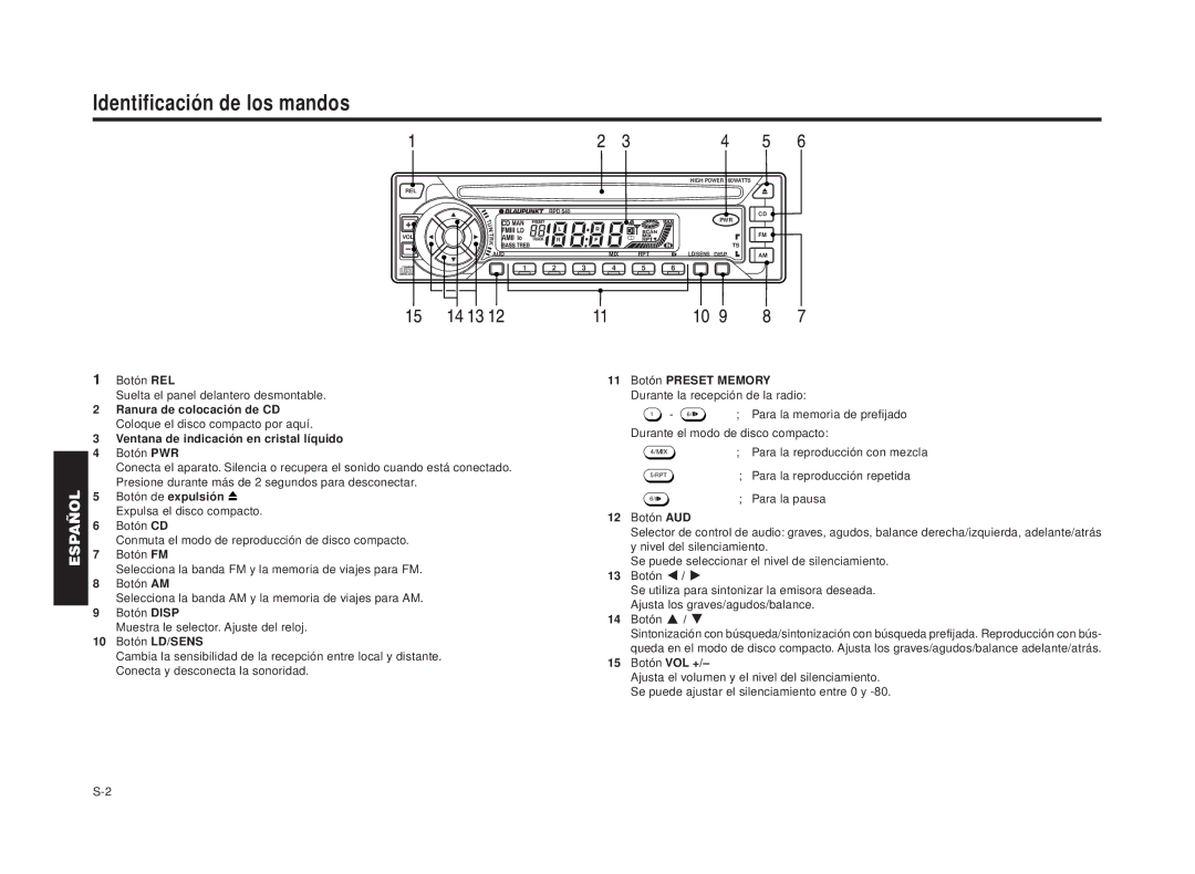 Blaupunkt RPD 540 Identificación de los mandos, Ventana de indicación en cristal líquido, 10 Botón LD/SENS, 15 Botón VOL + 