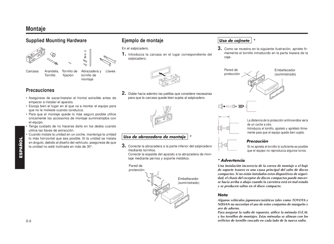 Blaupunkt RPD 540 manual Montaje, Precauciones, Ejemplo de montaje 