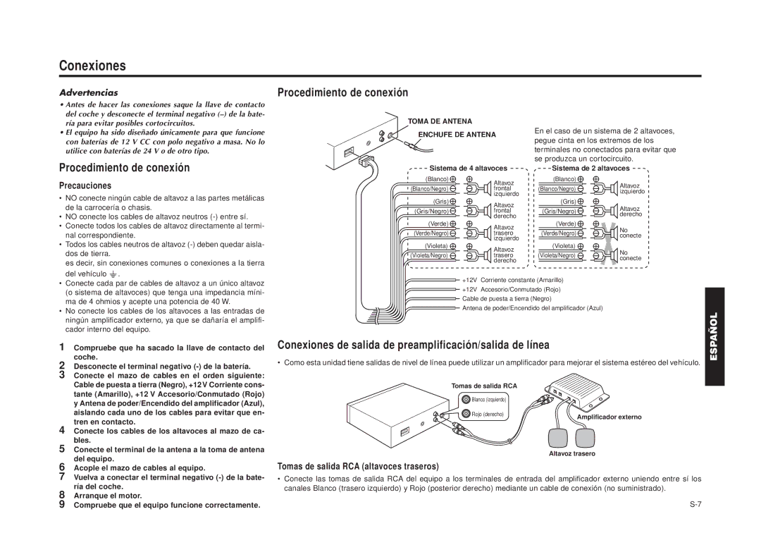 Blaupunkt RPD 540 Procedimiento de conexión, Conexiones de salida de preamplificación/salida de línea, Advertencias 