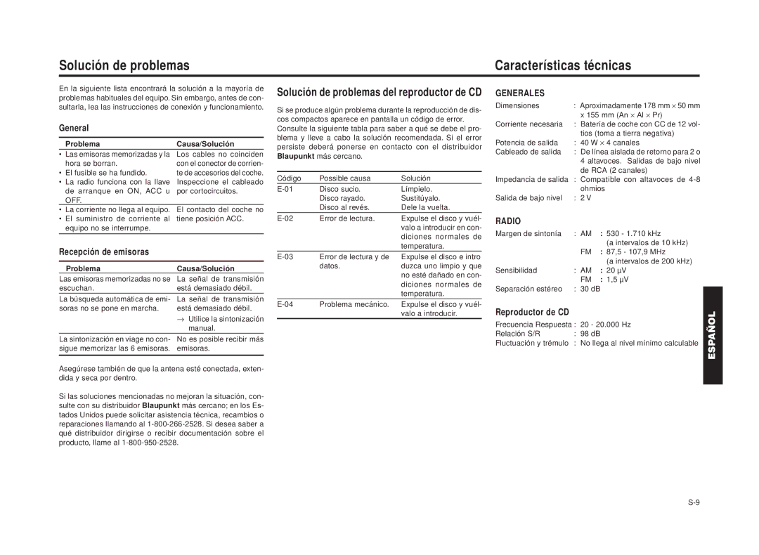 Blaupunkt RPD 540 manual Solución de problemas Características técnicas, Solución de problemas del reproductor de CD 