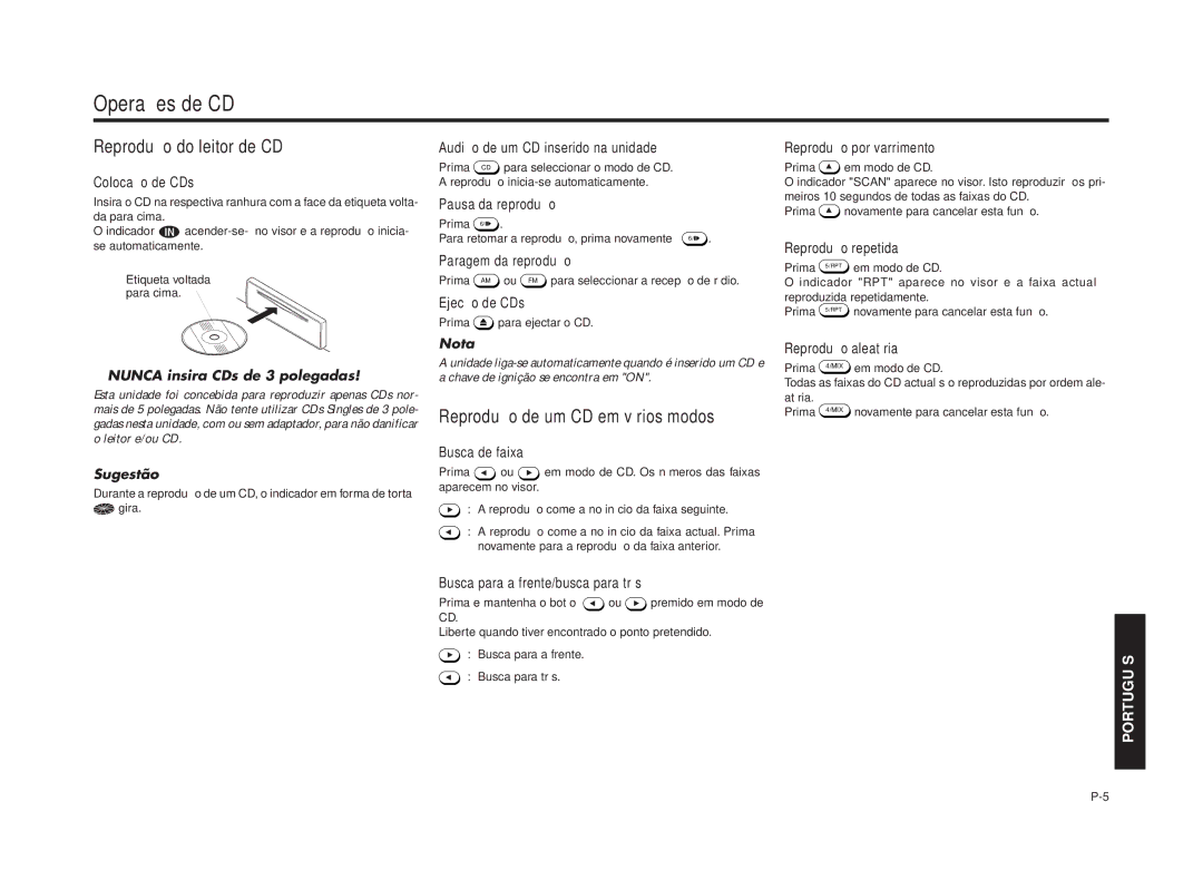 Blaupunkt RPD 540 manual Operações de CD, Reprodução do leitor de CD, Reprodução de um CD em vários modos, Sugestão 