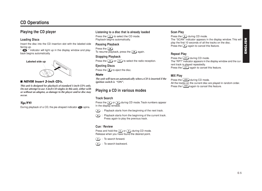 Blaupunkt RPD 540 CD Operations, Playing the CD player, Playing a CD in various modes, Never Insert 3-inch CD’s, Tip/FYI 