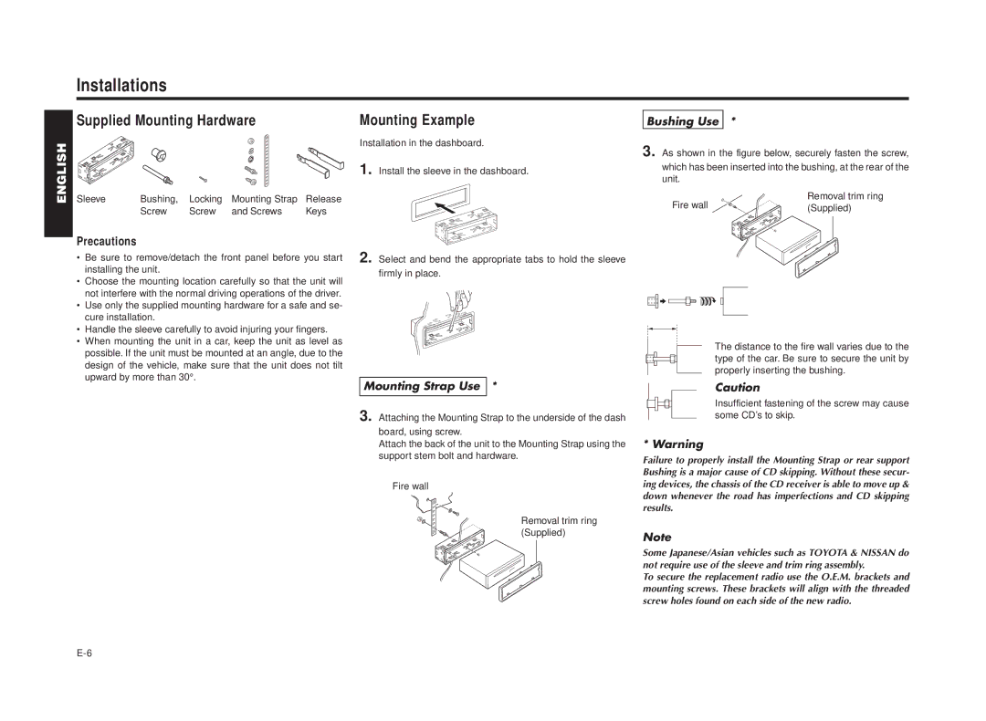 Blaupunkt RPD 540 manual Installations, Supplied Mounting Hardware, Mounting Example, Mounting Strap Use, Bushing Use 