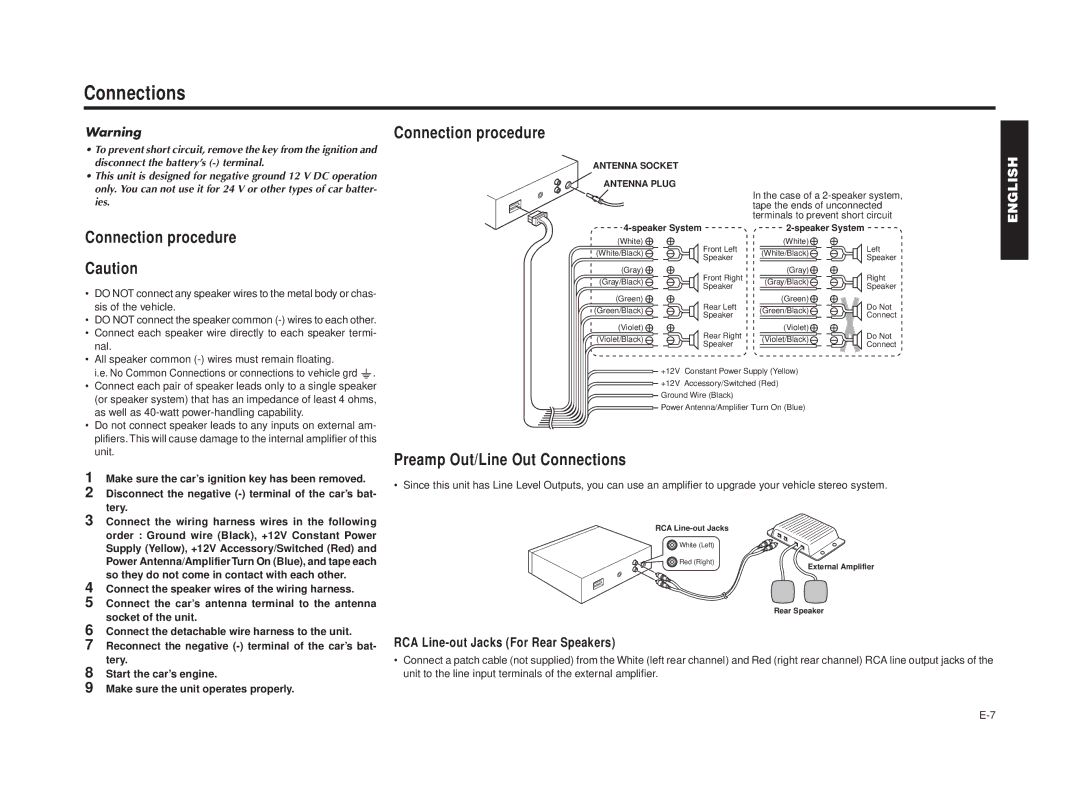 Blaupunkt RPD 540 manual Connection procedure, Preamp Out/Line Out Connections, RCA Line-out Jacks For Rear Speakers 