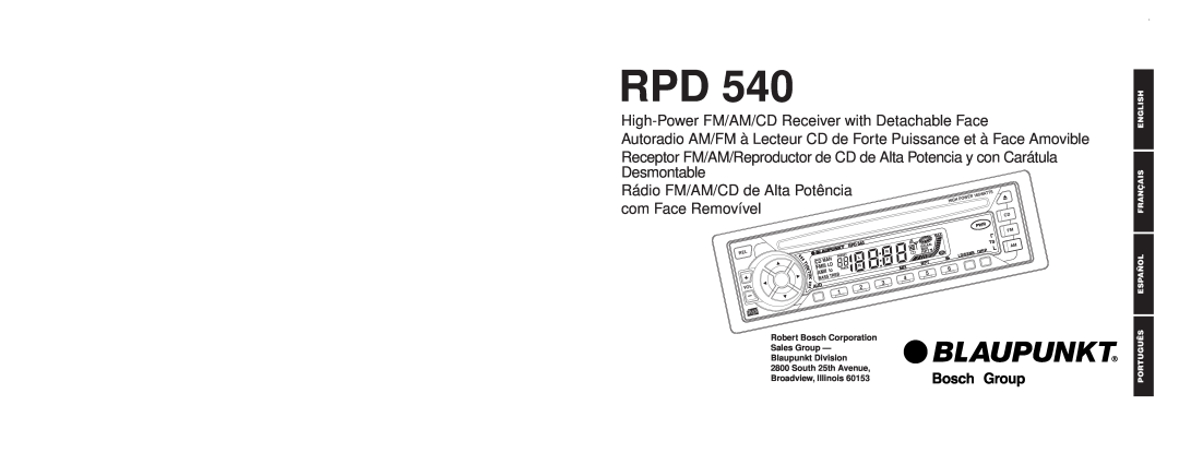 Blaupunkt RPD 540 manual Rádio FM/AM/CD de Alta Potência, com Face Removível 