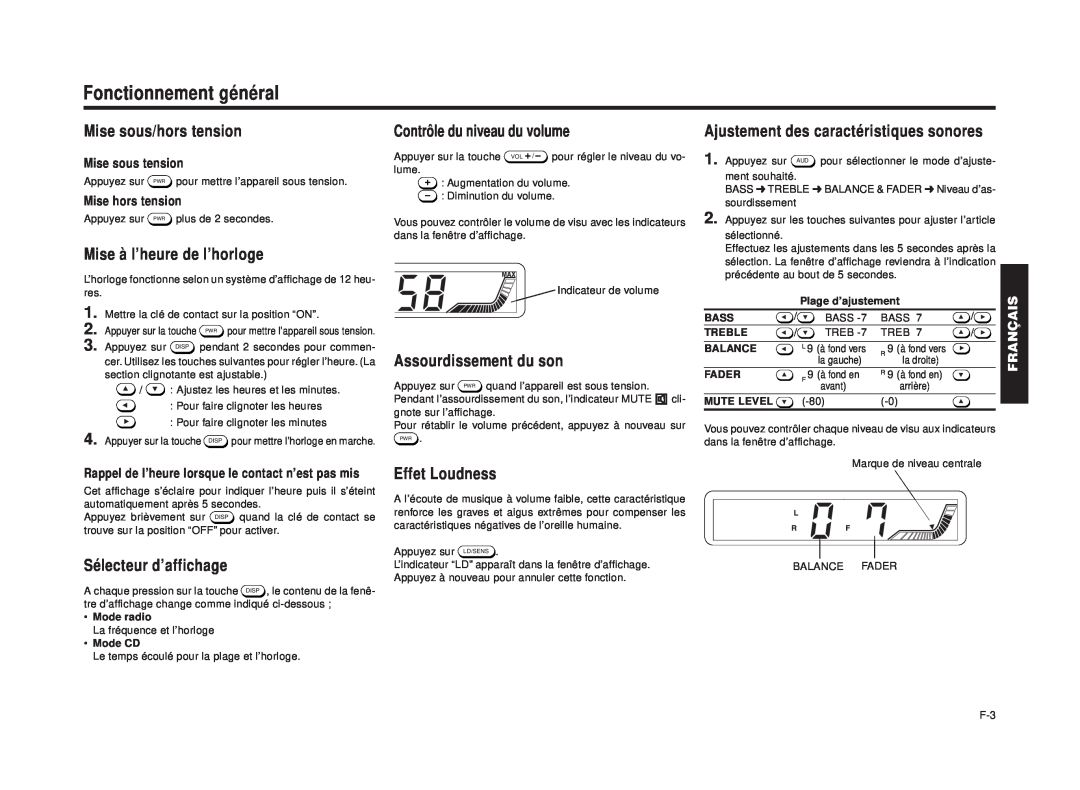 Blaupunkt RPD 540 manual Fonctionnement général, Mise sous/hors tension, Mise à l’heure de l’horloge, Sélecteur d’affichage 