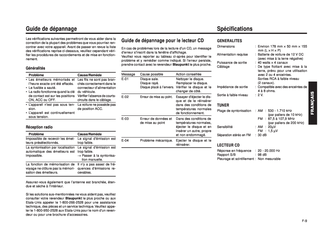 Blaupunkt RPD 540 manual Spécifications, Guide de dépannage pour le lecteur CD, Français 