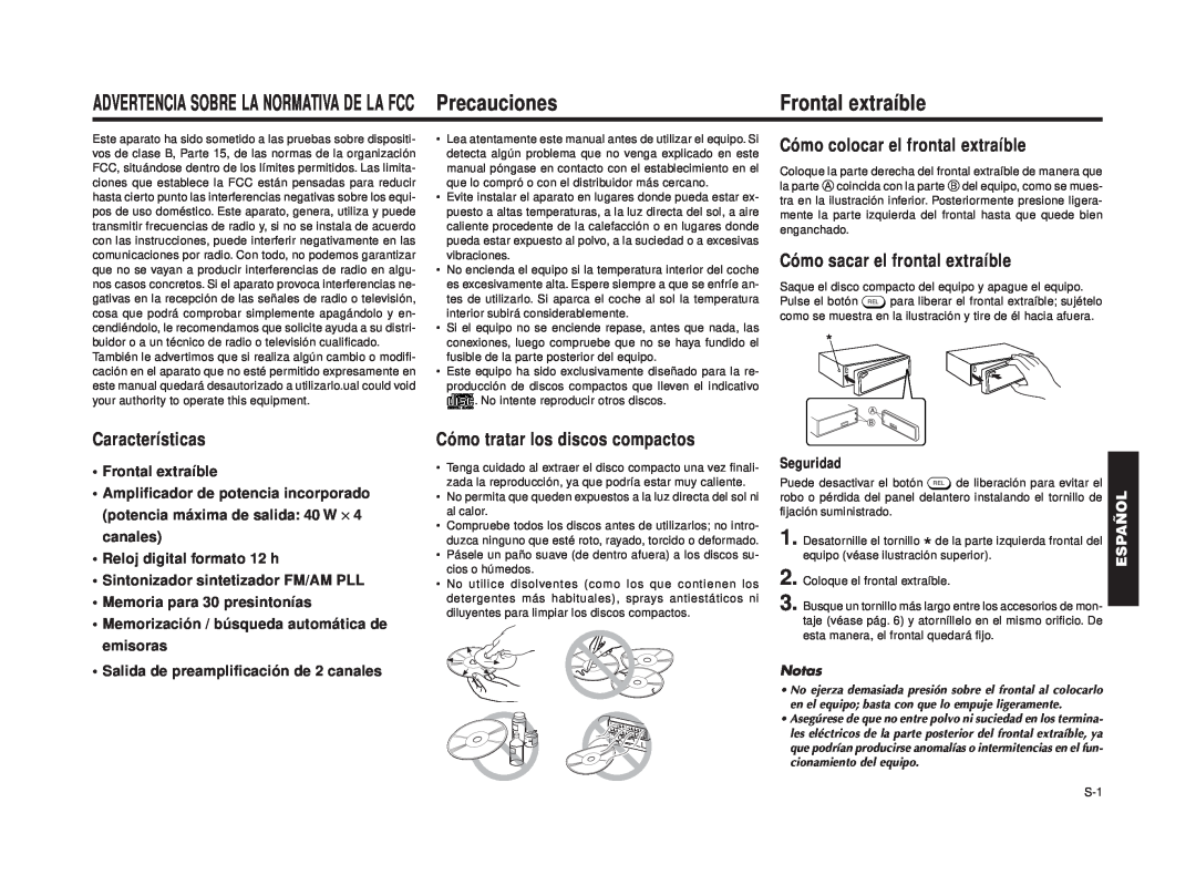Blaupunkt RPD 540 Frontal extraíble, Cómo colocar el frontal extraíble, Cómo sacar el frontal extraíble, Español, Notas 