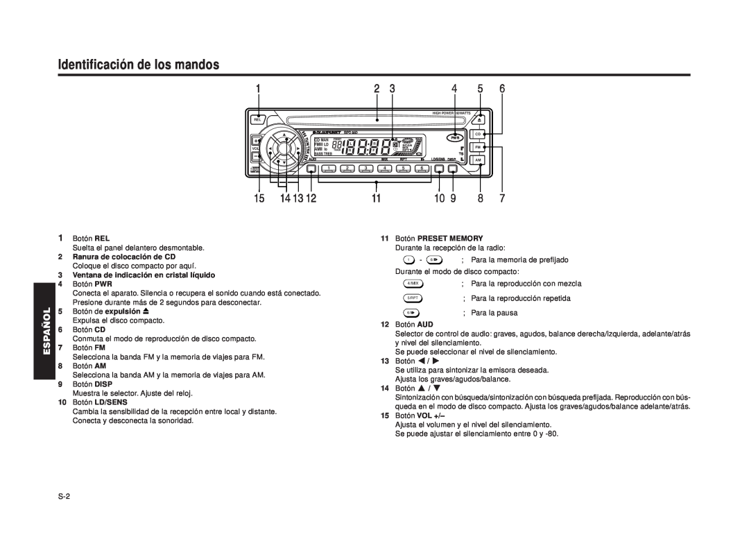 Blaupunkt RPD 540 manual Identificación de los mandos, Español, 3Ventana de indicación en cristal líquido, 10Botón LD/SENS 