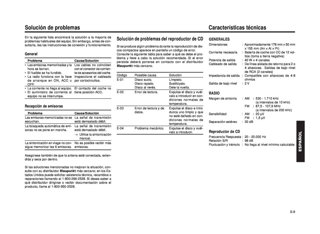 Blaupunkt RPD 540 manual Características técnicas, Español, Solución de problemas del reproductor de CD 