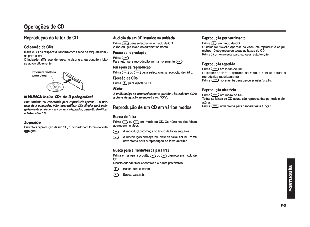Blaupunkt RPD 540 manual Operações de CD, Reprodução do leitor de CD, Reprodução de um CD em vários modos, Sugestão, Nota 