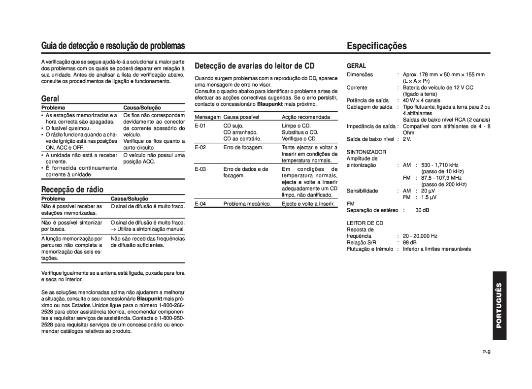 Blaupunkt RPD 540 manual Especificações, Guia de detecção e resolução de problemas, Geral, Recepção de rádio, Português 