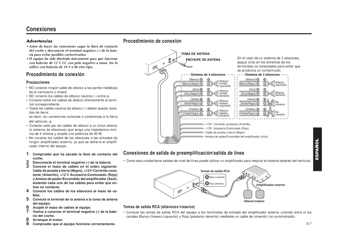 Blaupunkt RPD 545 Procedimiento de conexión, Conexiones de salida de preamplificación/salida de línea, Advertencias 