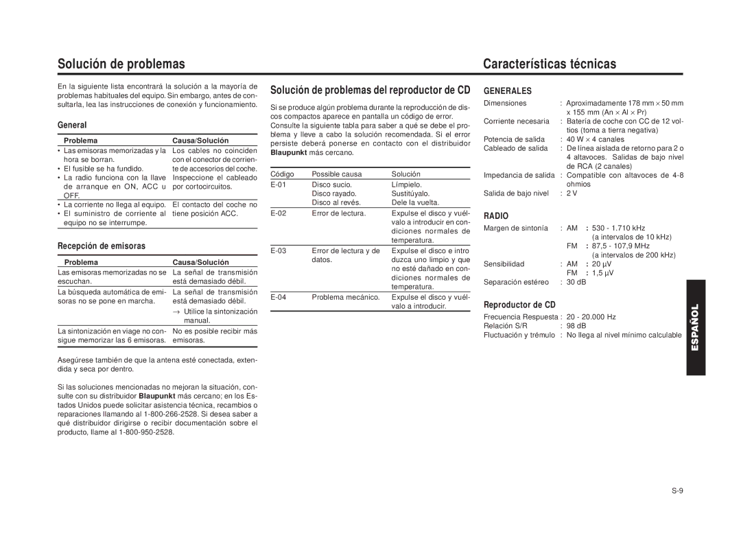 Blaupunkt RPD 545 manual Solución de problemas Características técnicas, Solución de problemas del reproductor de CD 