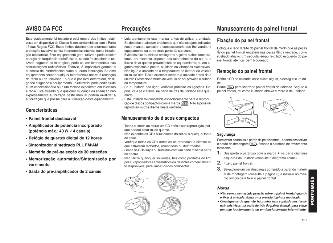 Blaupunkt RPD 545 Precauções Manuseamento do painel frontal, Manuseamento de discos compactos, Fixação do painel frontal 