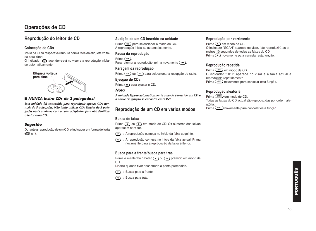 Blaupunkt RPD 545 manual Operações de CD, Reprodução do leitor de CD, Reprodução de um CD em vários modos, Sugestão 