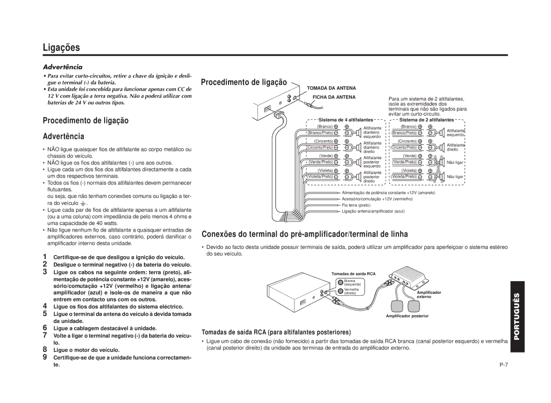 Blaupunkt RPD 545 manual Ligações, Procedimento de ligação, Advertência 