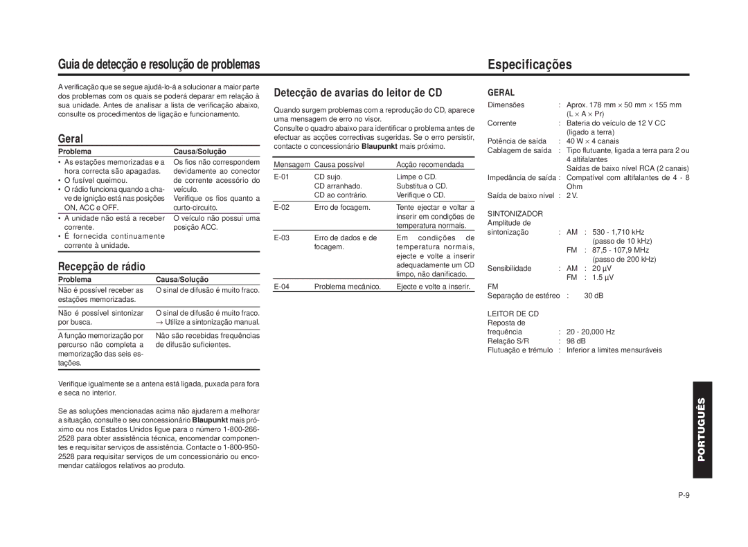 Blaupunkt RPD 545 Especificações, Geral, Recepção de rádio, Detecção de avarias do leitor de CD, Problema Causa/Solução 