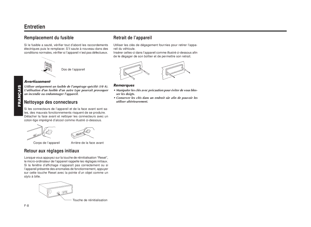 Blaupunkt RPD 550 manual Entretien, Remplacement du fusible, Retrait de l’appareil, Nettoyage des connecteurs 