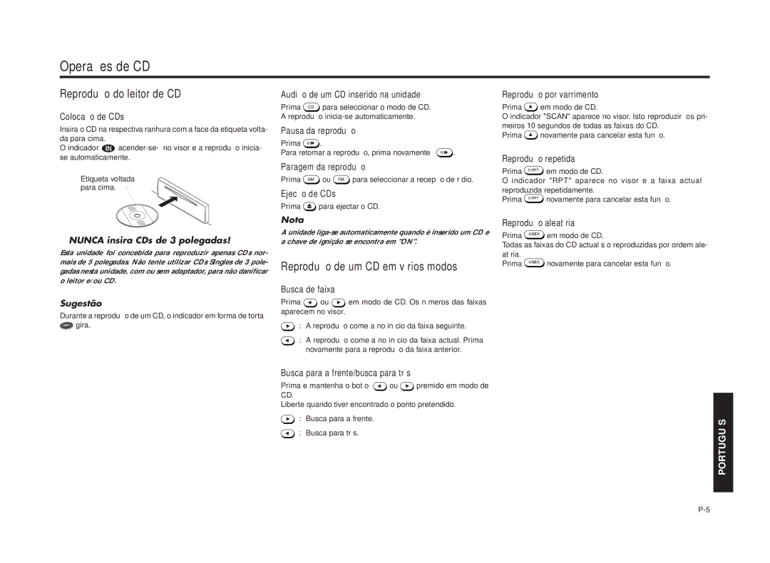 Blaupunkt RPD 550 manual Operações de CD, Reprodução do leitor de CD, Reprodução de um CD em vários modos, Sugestão 