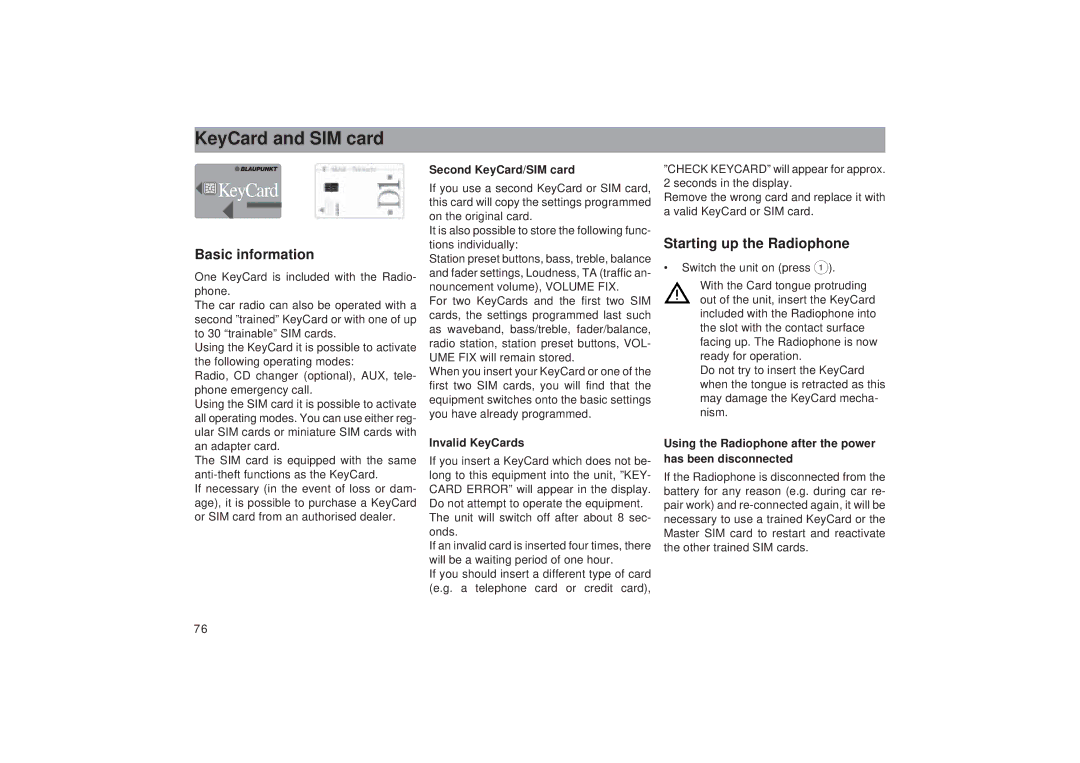 Blaupunkt RTM 127 operating instructions KeyCard and SIM card, Basic information, Starting up the Radiophone 