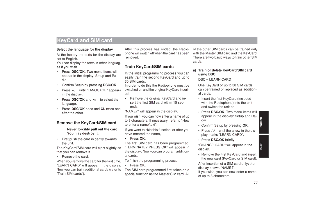 Blaupunkt RTM 127 operating instructions KeyCard and SIM card, Remove the KeyCard/SIM card, Train KeyCard/SIM cards 