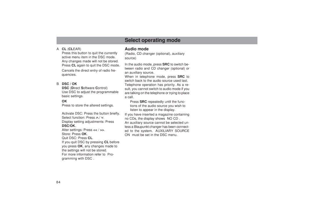 Blaupunkt RTM 127 operating instructions Select operating mode, Audio mode 