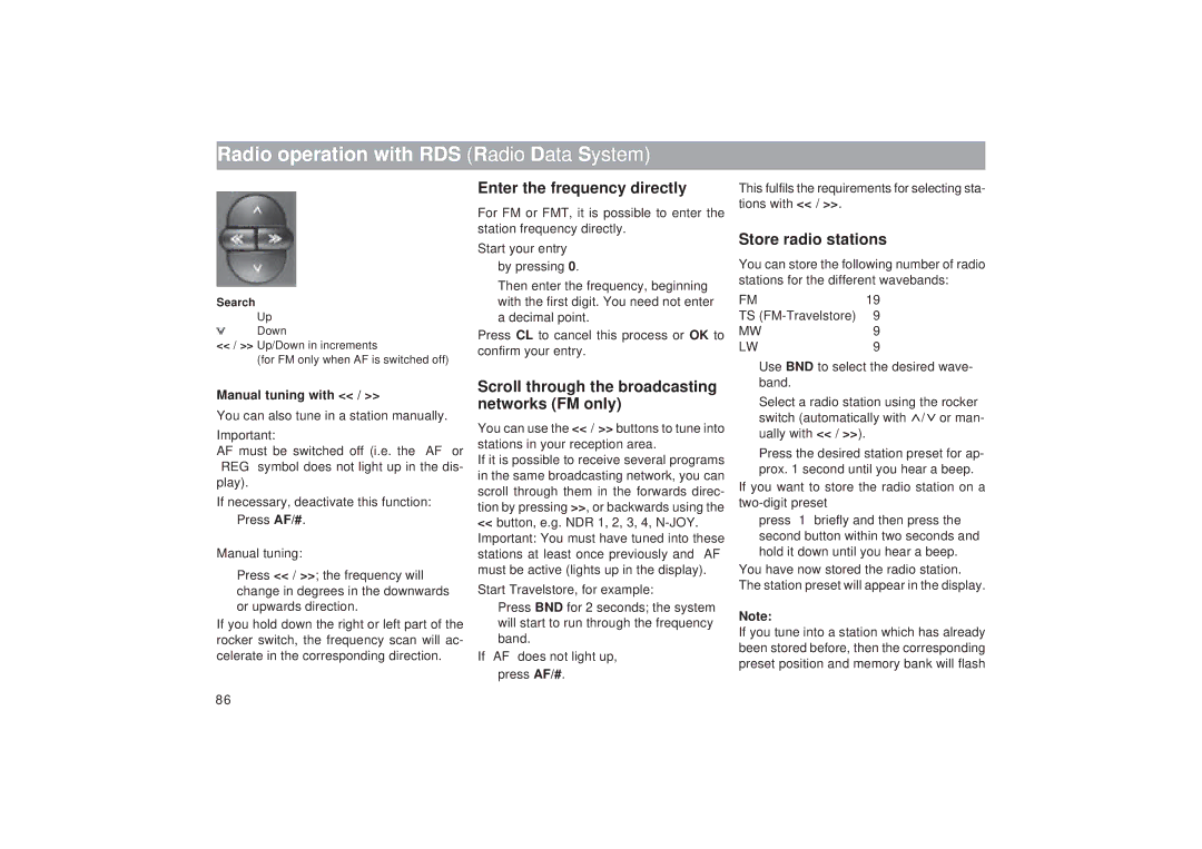 Blaupunkt RTM 127 Radio operation with RDS Radio Data System, Enter the frequency directly, Store radio stations 