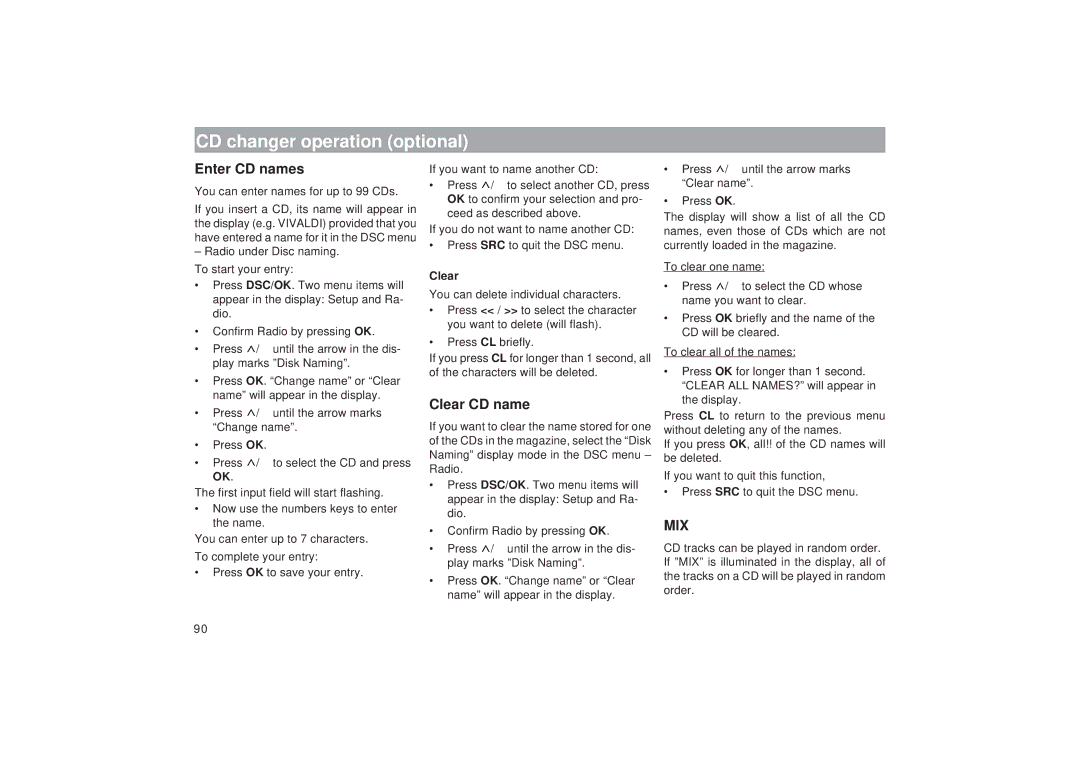 Blaupunkt RTM 127 operating instructions CD changer operation optional, Enter CD names, Clear CD name 