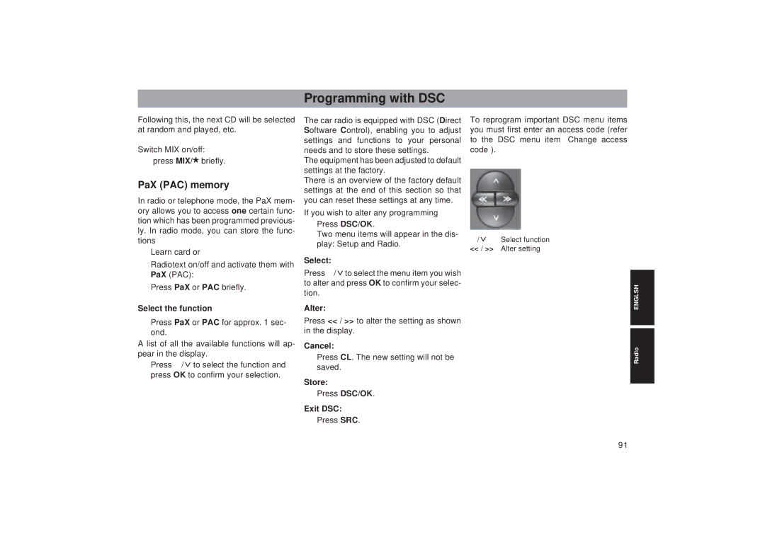 Blaupunkt RTM 127 operating instructions Programming with DSC, PaX PAC memory 