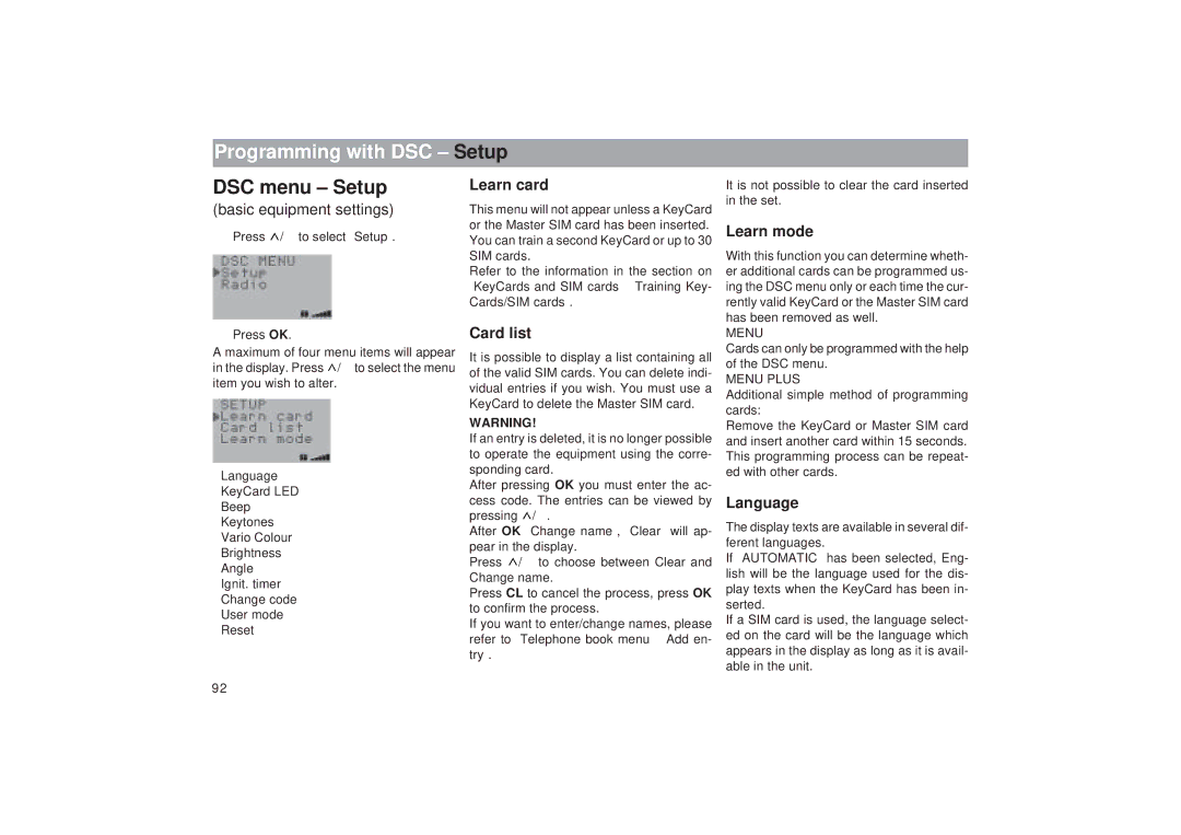 Blaupunkt RTM 127 operating instructions Programming with DSC Setup, DSC menu Setup 