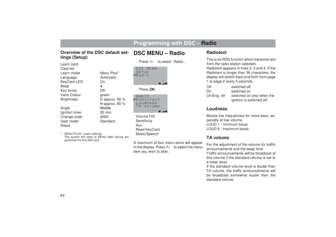 Blaupunkt RTM 127 Programming with DSC Radio, DSC Menu Radio, Overview of the DSC default set- tings Setup, Loudness 