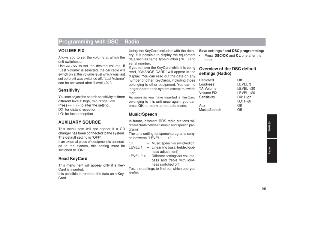 Blaupunkt RTM 127 Sensitivity, Music/Speech, Read KeyCard, Overview of the DSC default settings Radio 