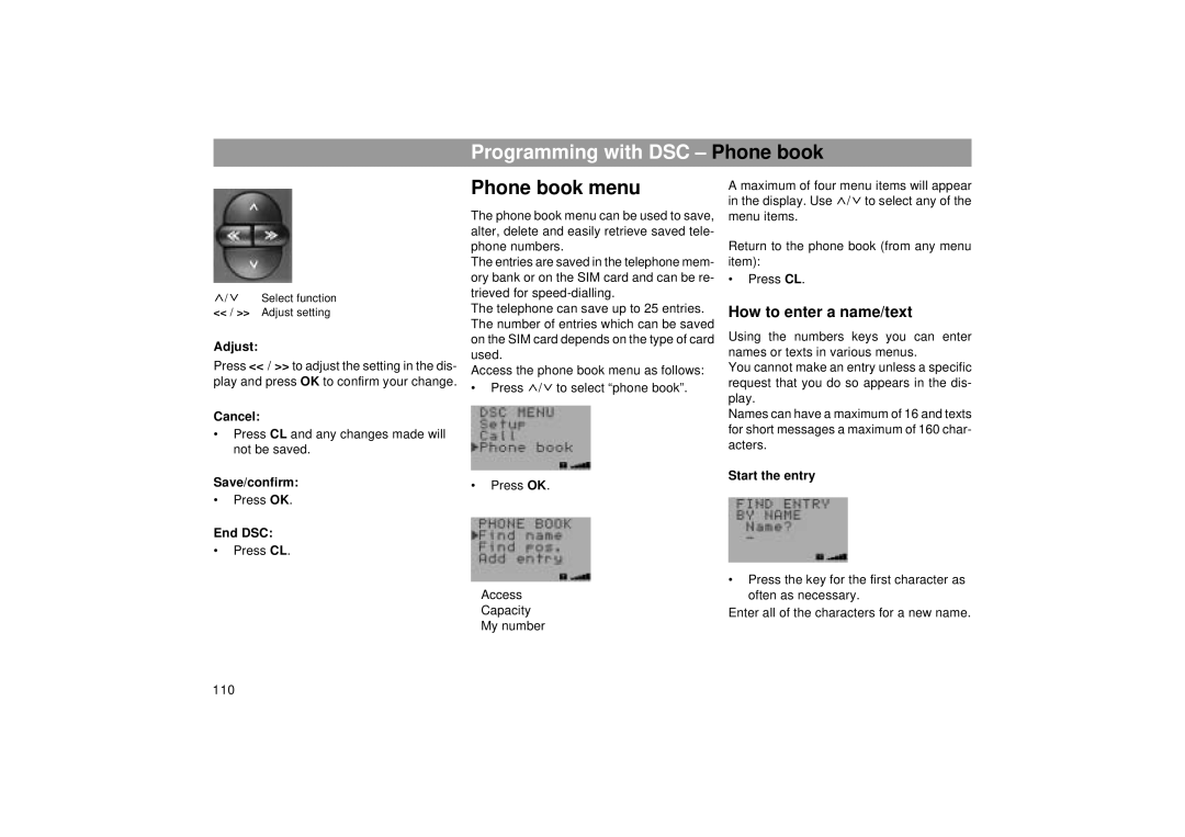 Blaupunkt RTM 127 operating instructions Programming with DSC Phone book, Phone book menu, How to enter a name/text 