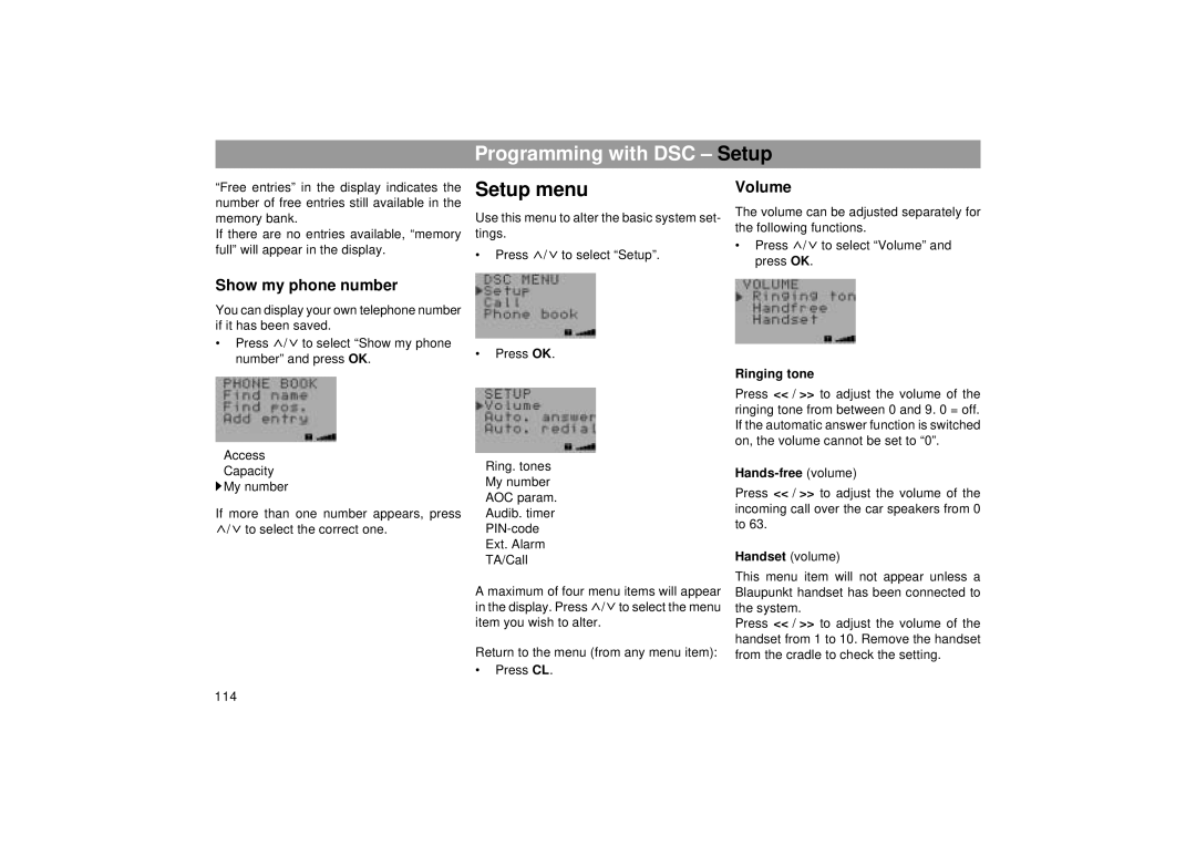 Blaupunkt RTM 127 operating instructions Volume, Show my phone number, Ringing tone, Hands-free volume, Handset volume 