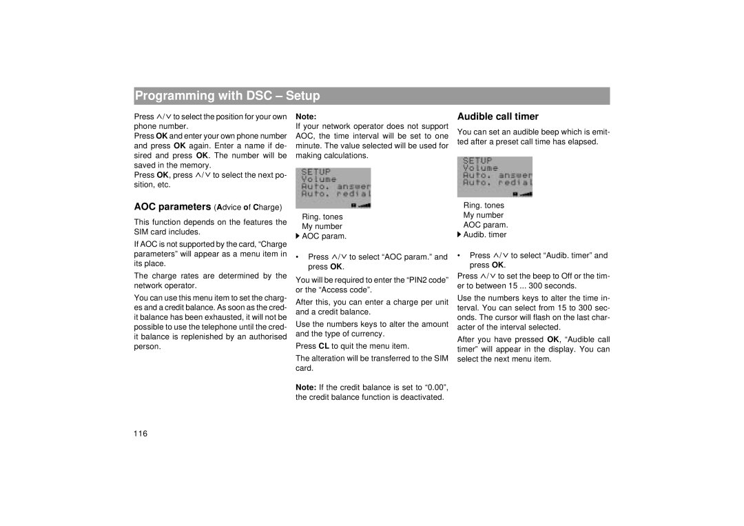 Blaupunkt RTM 127 operating instructions AOC parameters Advice of Charge, Audible call timer 