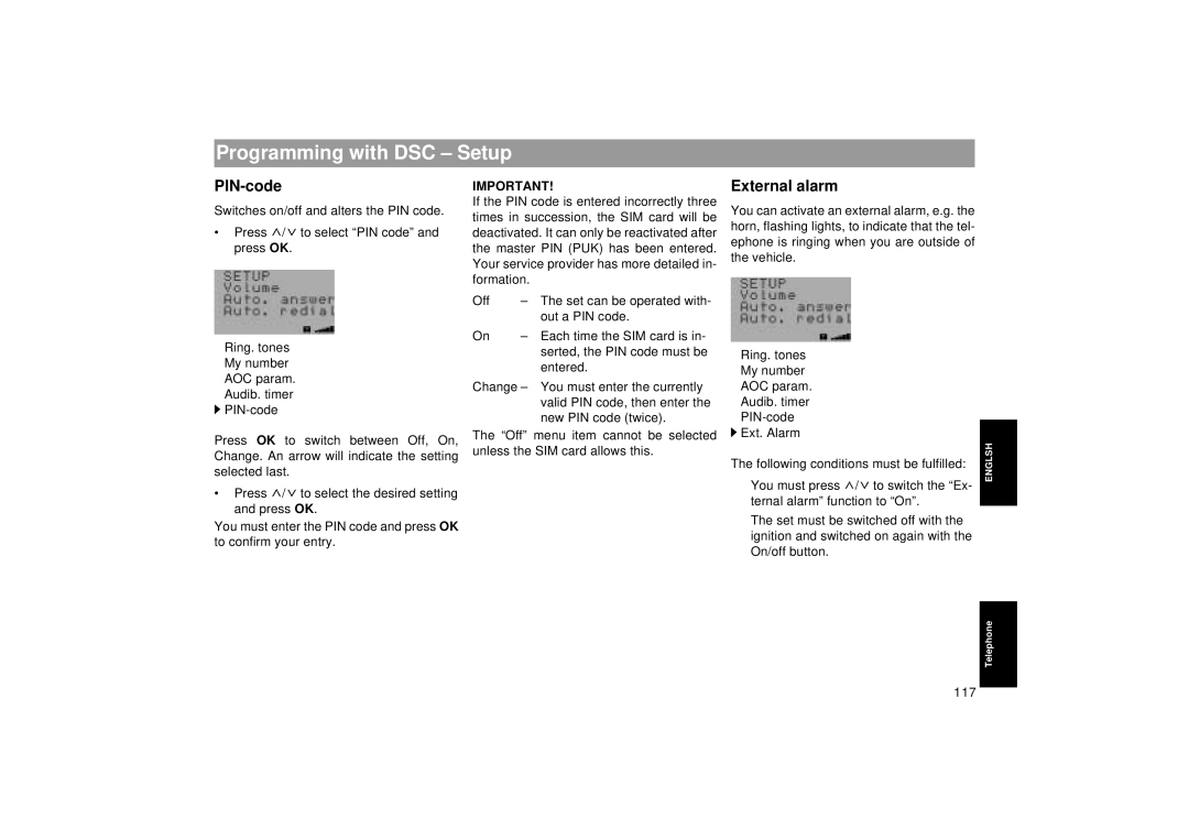 Blaupunkt RTM 127 operating instructions PIN-code, External alarm 