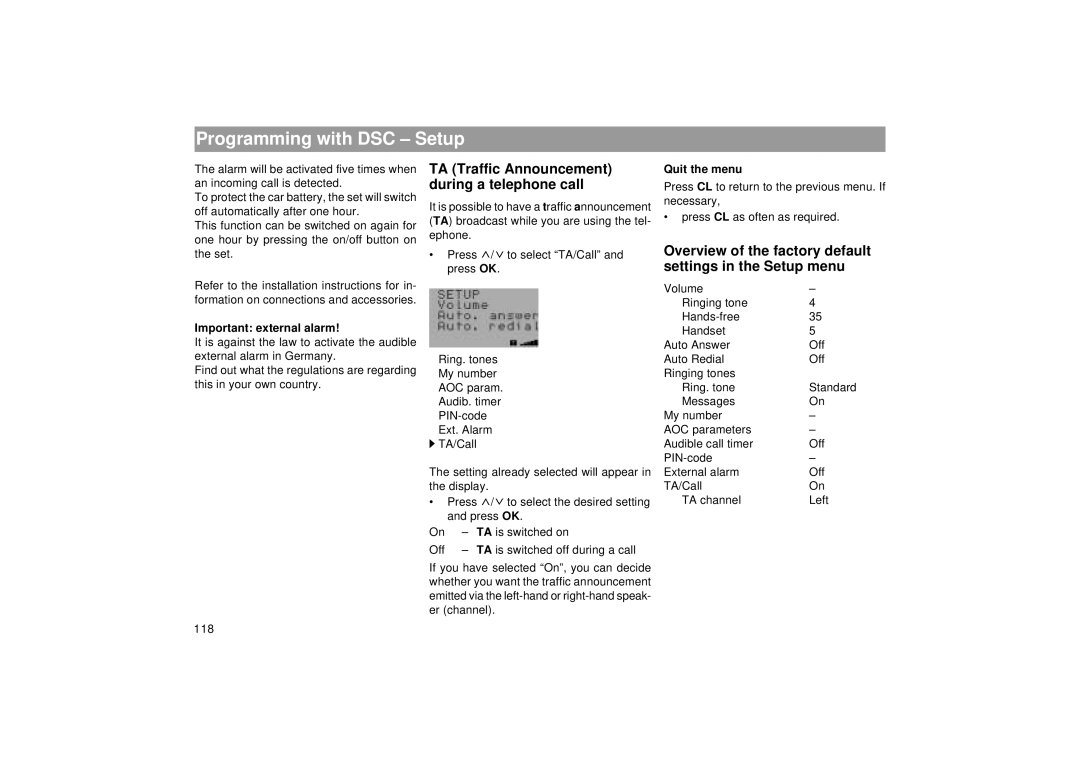 Blaupunkt RTM 127 operating instructions TA Traffic Announcement, During a telephone call, Overview of the factory default 