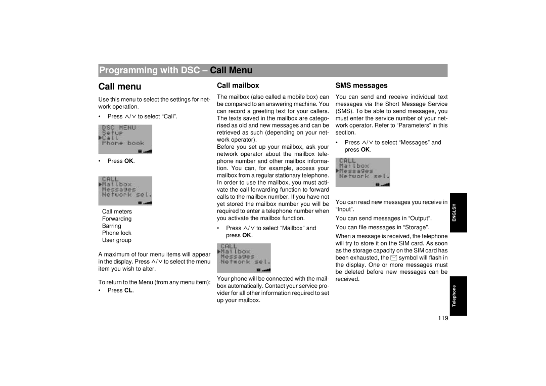 Blaupunkt RTM 127 operating instructions Programming with DSC Call Menu, Call menu, Call mailbox, SMS messages 