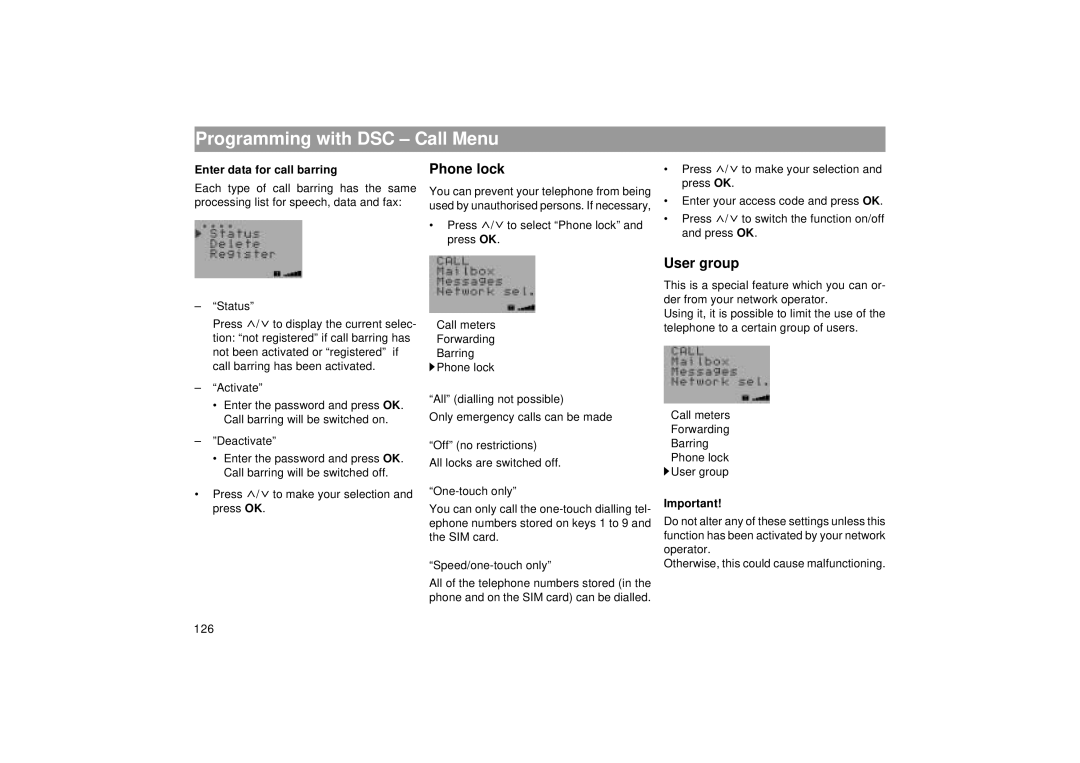 Blaupunkt RTM 127 operating instructions Phone lock, User group, Enter data for call barring 