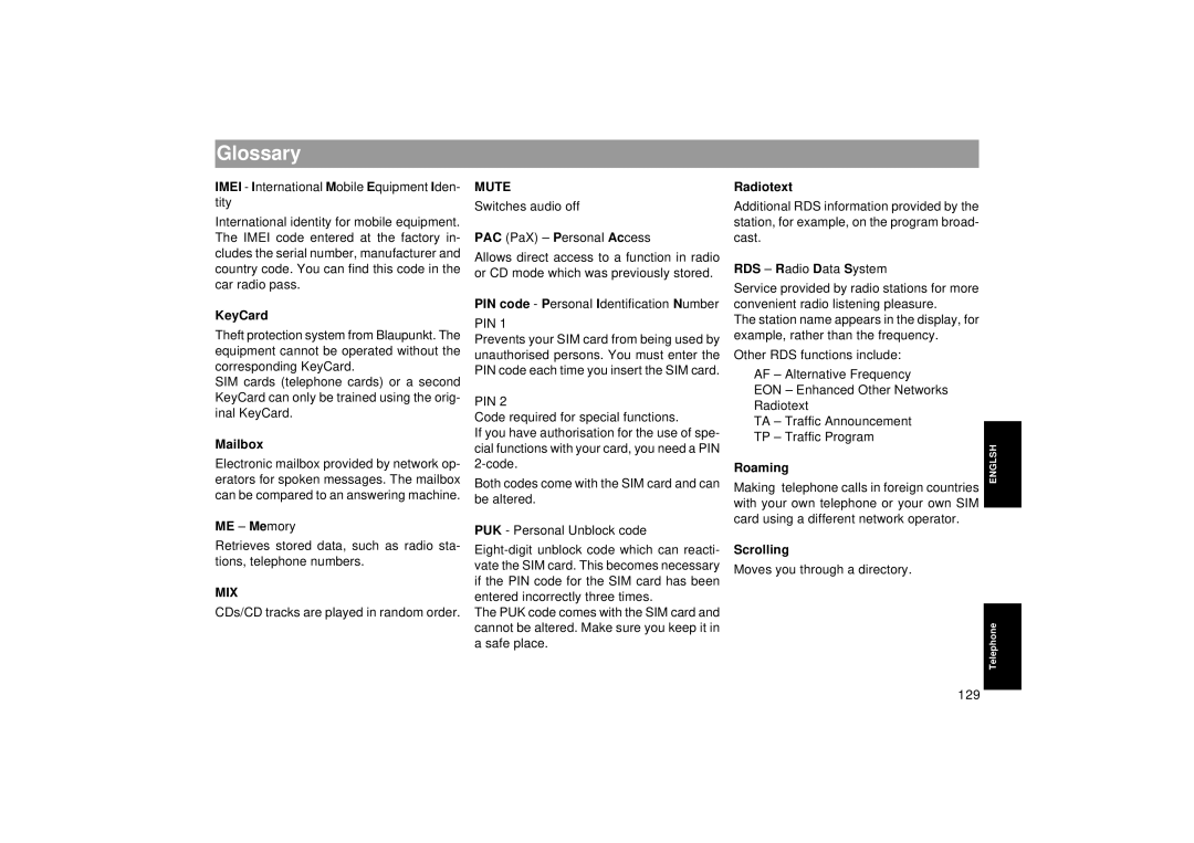 Blaupunkt RTM 127 operating instructions Glossary 