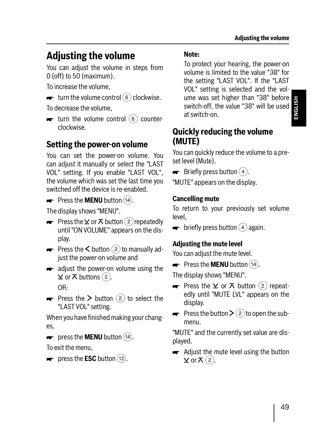 Blaupunkt SD48 7 648 001 310 Adjusting the volume, Setting the power-on volume, Quickly reducing the volume Mute 