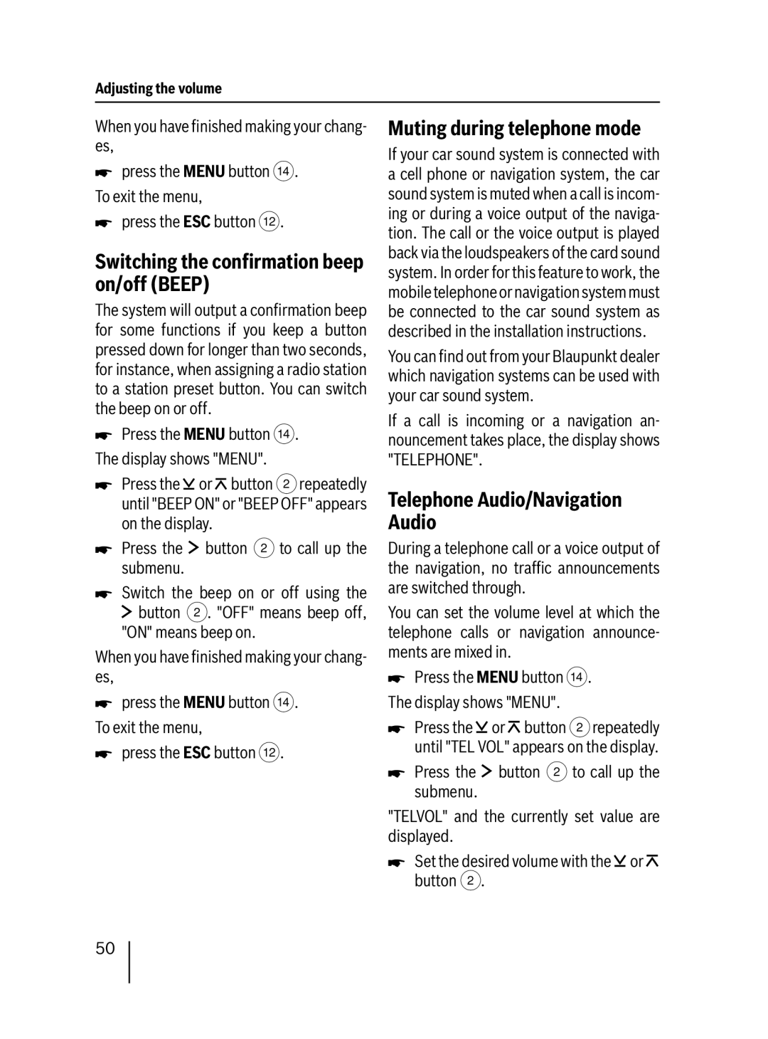 Blaupunkt SD48 7 648 000 310, SD48 7 648 001 310 Switching the conﬁrmation beep on/off Beep, Muting during telephone mode 