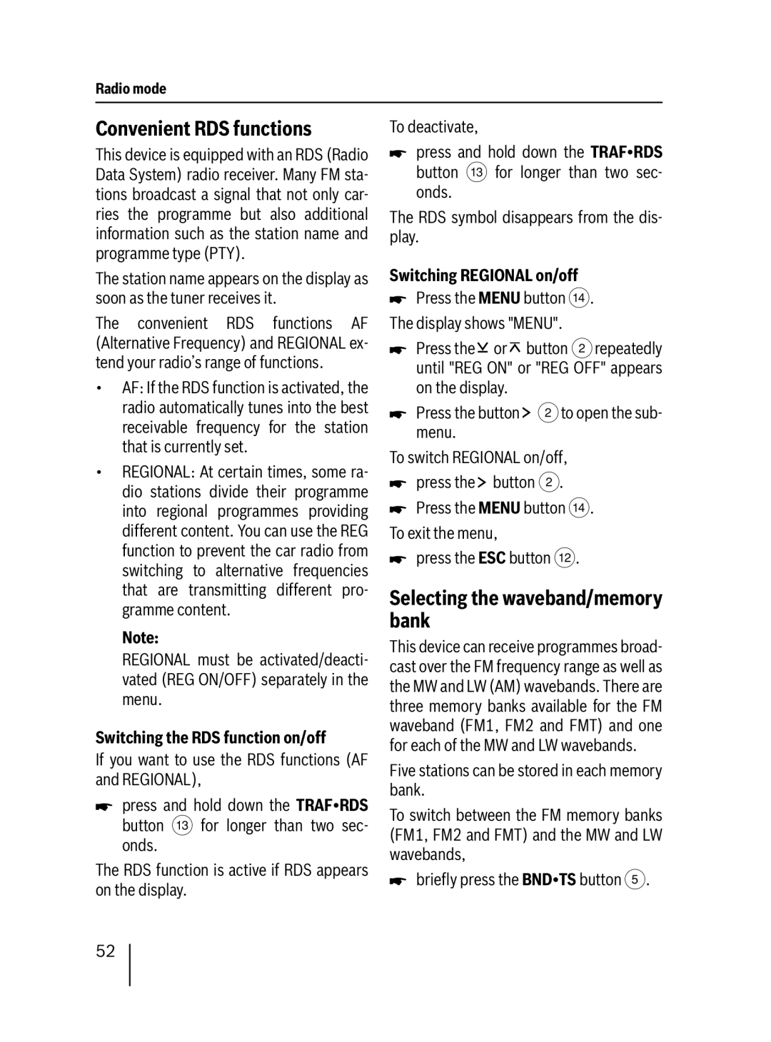 Blaupunkt SD48 7 648 000 310 Convenient RDS functions, Selecting the waveband/memory bank, Switching Regional on/off 