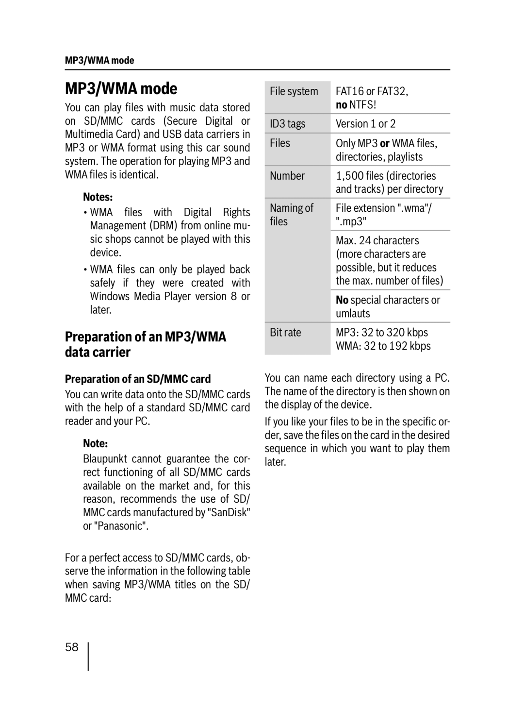 Blaupunkt SD48 7 648 000 310 MP3/WMA mode, Preparation of an MP3/WMA data carrier, Preparation of an SD/MMC card 