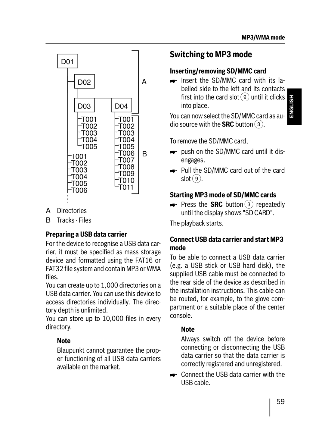 Blaupunkt SD48 7 648 001 310 Switching to MP3 mode, Preparing a USB data carrier, Inserting/removing SD/MMC card 