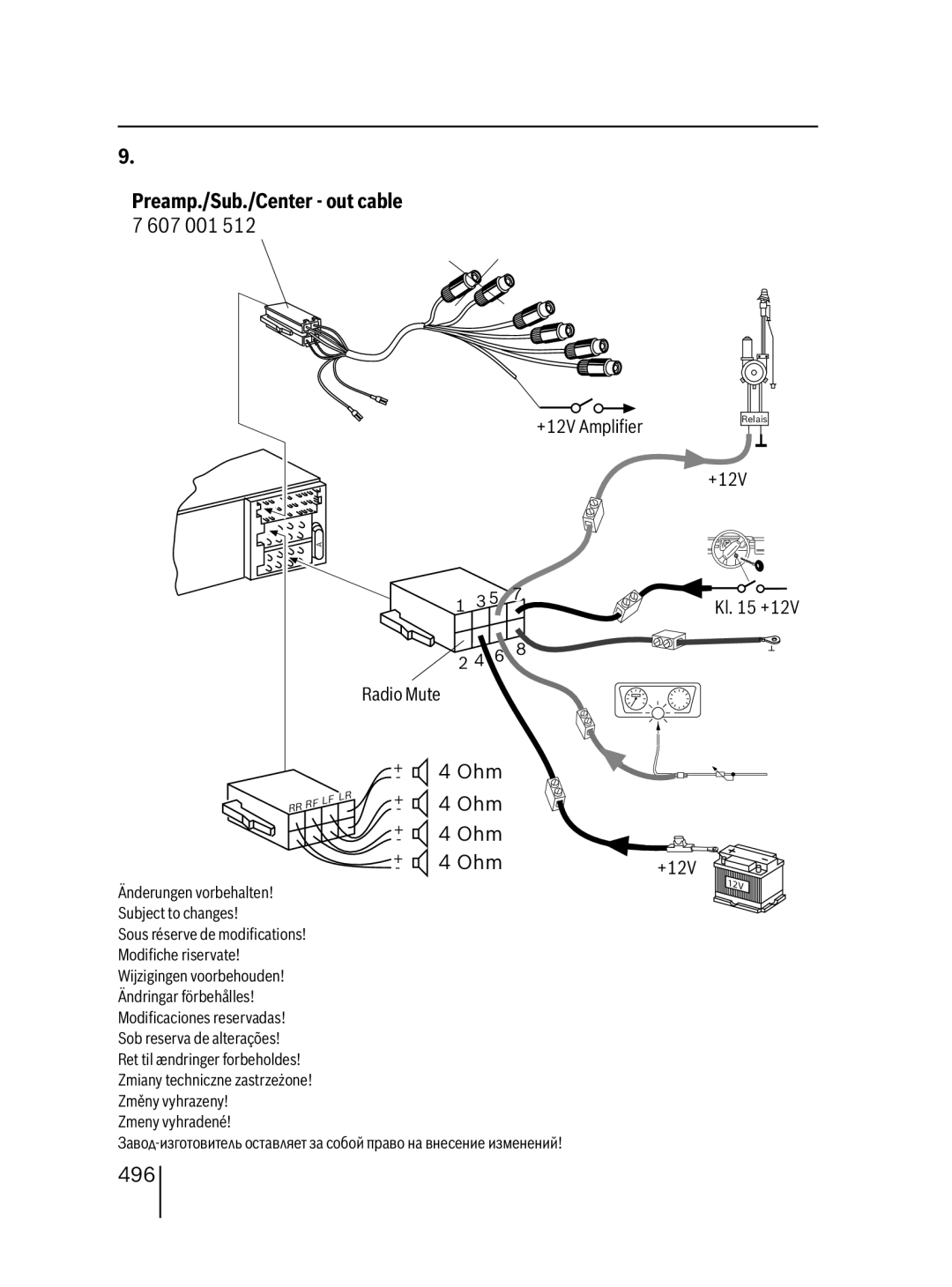 Blaupunkt SD48 7 648 001 310, SD48 7 648 000 310 installation instructions Preamp./Sub./Center out cable 7 607 001, Ohm, 496 