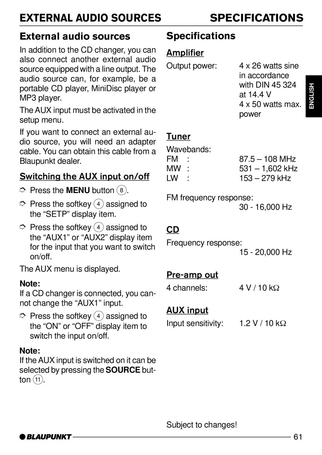 Blaupunkt Seattle CD72, Orlando CD72, Miami CD72 External Audio Sources Specifications, External audio sources 