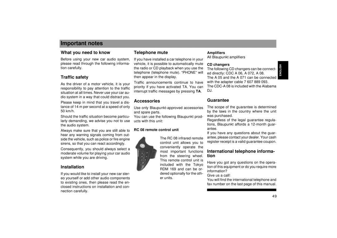 Blaupunkt SEATTLE RDM 169 operating instructions Important notes 